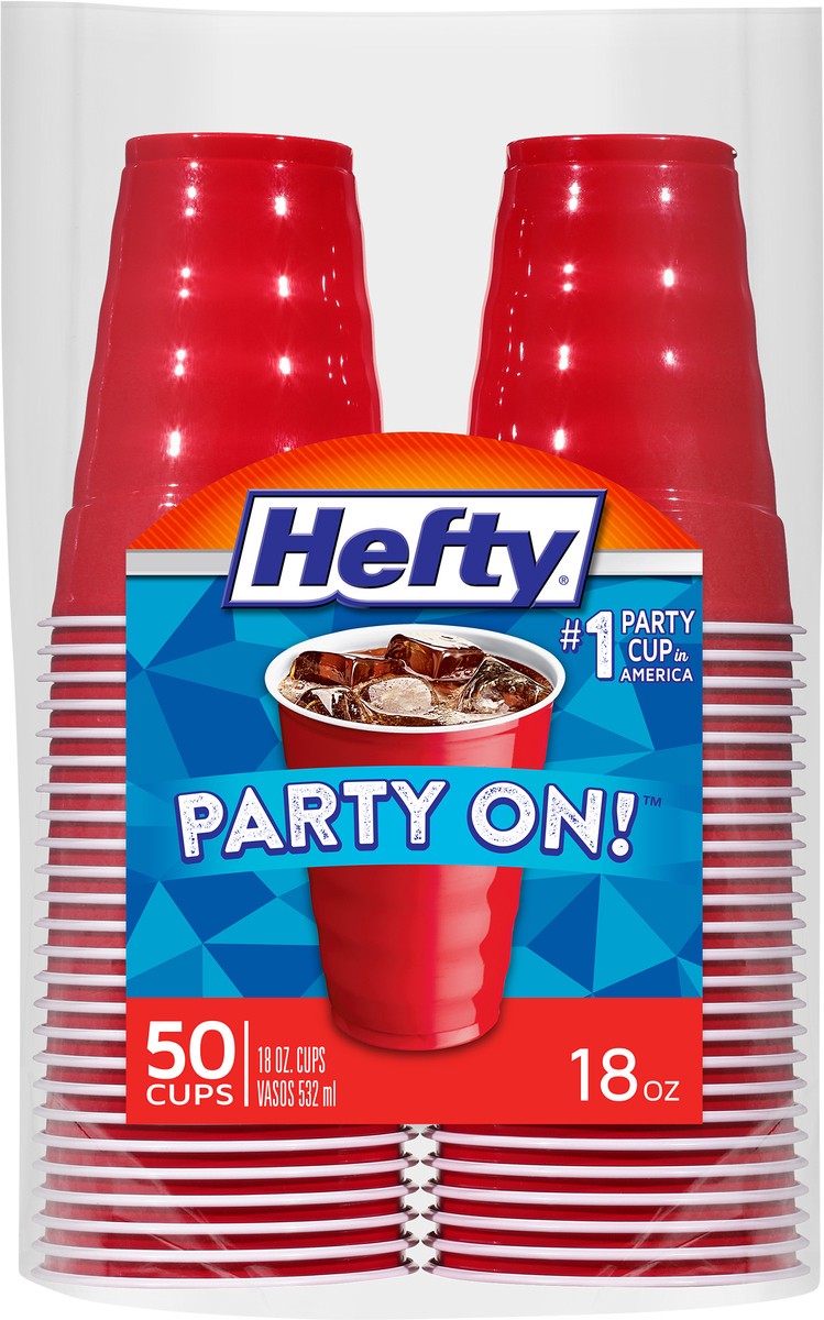 slide 9 of 11, Hefty Party On Disposable Plastic Cups, Red, 18 Ounce, 50 Count, 1.32 lb