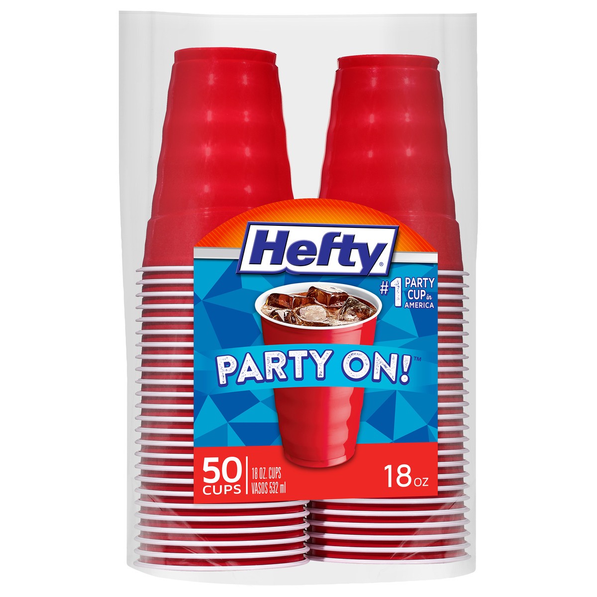 slide 11 of 11, Hefty Party On Disposable Plastic Cups, Red, 18 Ounce, 50 Count, 1.32 lb