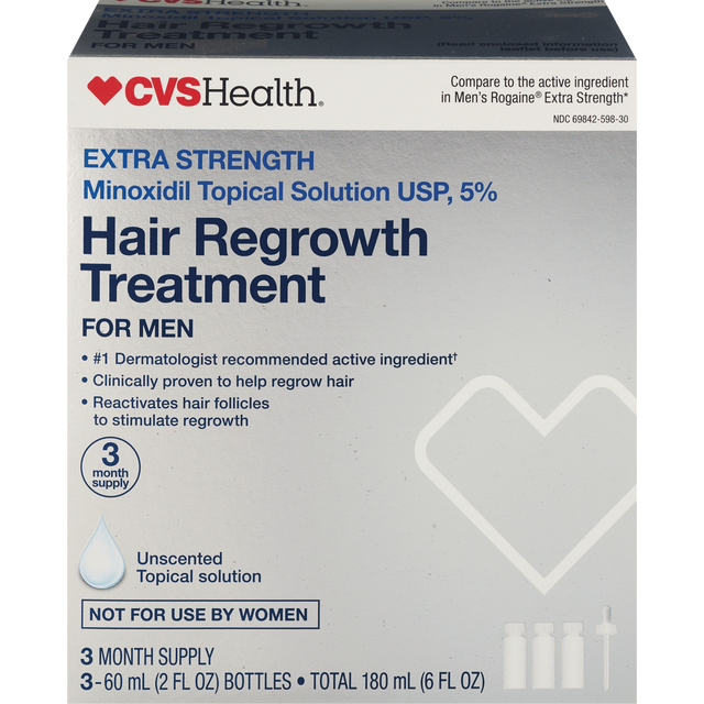 slide 1 of 1, CVS Health Men's Extra Strength 5% Minoxidil Solution For Hair Regrowth, 3 Month Supply, 1 ct