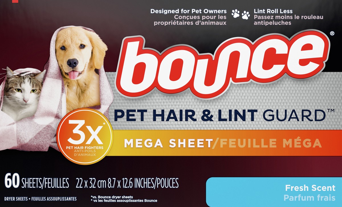 slide 1 of 9, Bounce Pet Hair & Lint Guard Mega Fresh Scent Dryer Sheets 60 ea, 60 ct