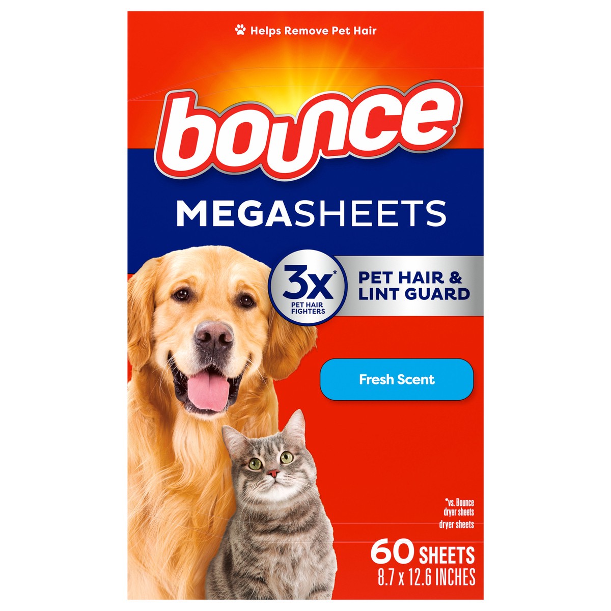 slide 1 of 9, Bounce Pet Hair and Lint Guard Mega Dryer Sheets with 3X Pet Hair Fighters, Fresh Scent, 60 Count, 60 ct