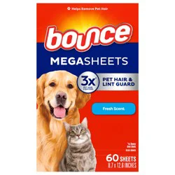 Bounce Pet Hair and Lint Guard Mega Dryer Sheets with 3X Pet Hair Fighters, Fresh Scent, 60 Count