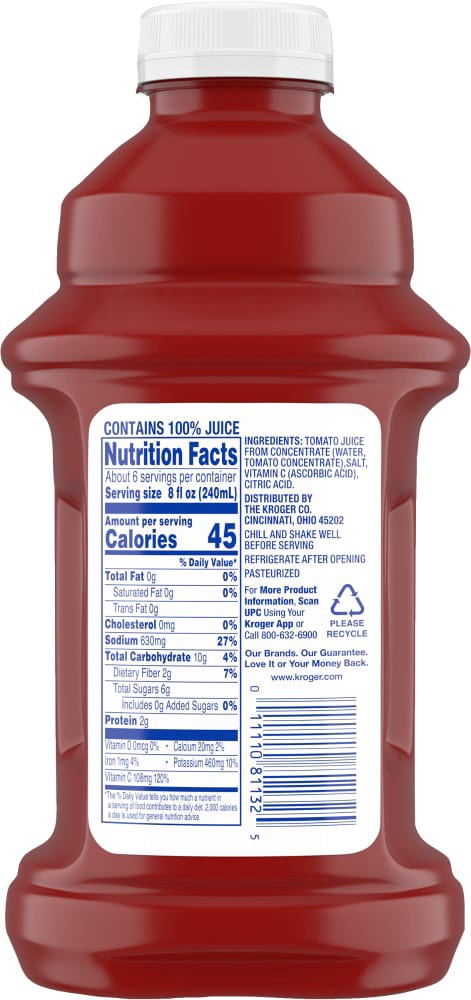 slide 5 of 6, Kroger 100% Tomato Juice, 46 fl oz