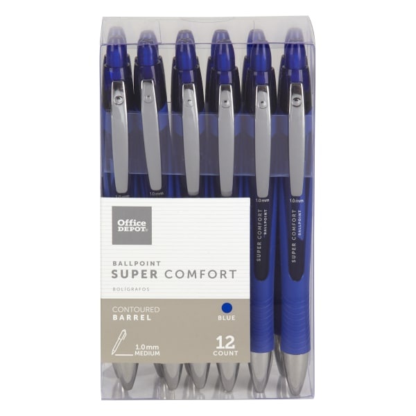 slide 1 of 1, Office Depot Super Comfort Grip Retractable Ballpoint Pen, Medium Point, 1.0 mm, Blue Barrel, Blue Ink, 12 ct