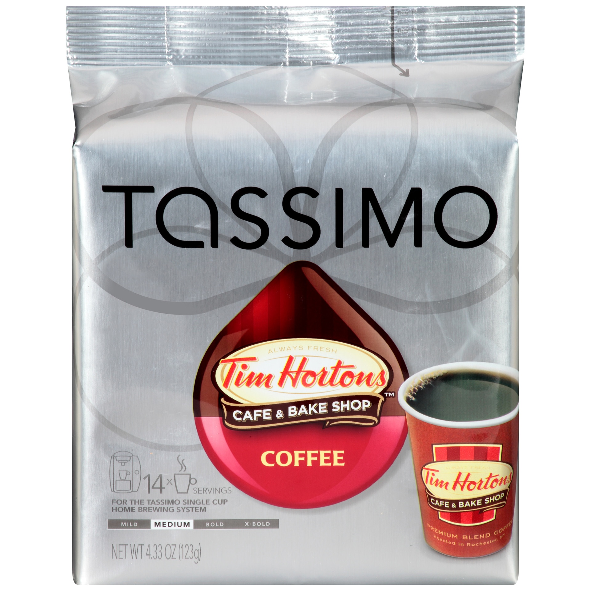 slide 1 of 2, Tassimo Tim Hortons Cafe & Bake Shop Medium Roast Coffee T-Discs for Tassimo Single Cup Home Brewing Systems Pack, 14 ct