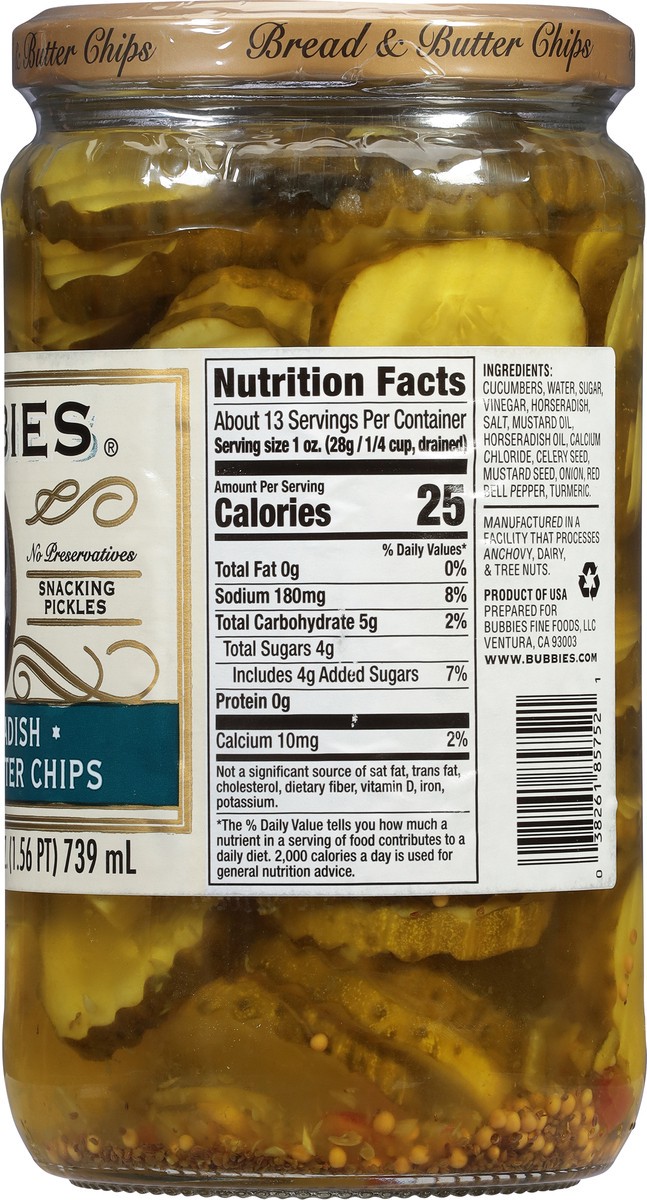 slide 7 of 14, Bubbies Horseradish Bread & Butter Chips Pickles 25 fl oz, 25 fl oz