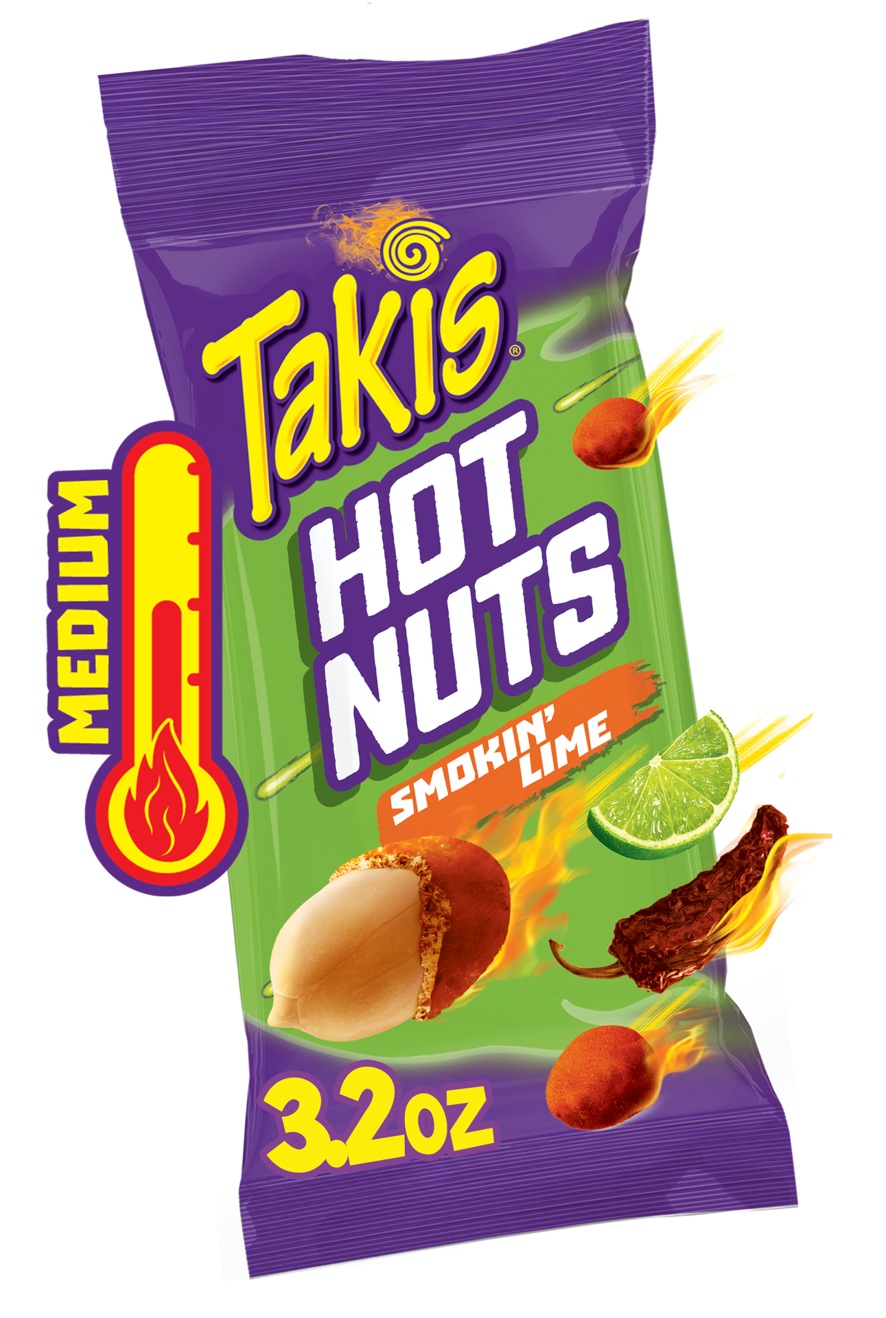 slide 1 of 7, Takis Smokin' Lime Hot Nuts 3.2 oz Snack Size Pouch, Lime & Chipotle Flavored Spicy Double-Crunch Peanuts, 3.2 oz