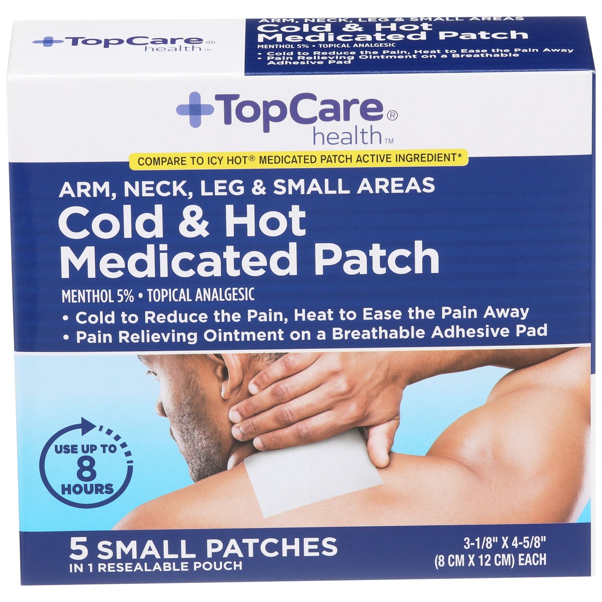 slide 1 of 8, TopCare Arm, Neck, Leg & Small Areas Cold & Hot Menthol 5% - Topical Analgesic Small Medicated Patches, 5 ct