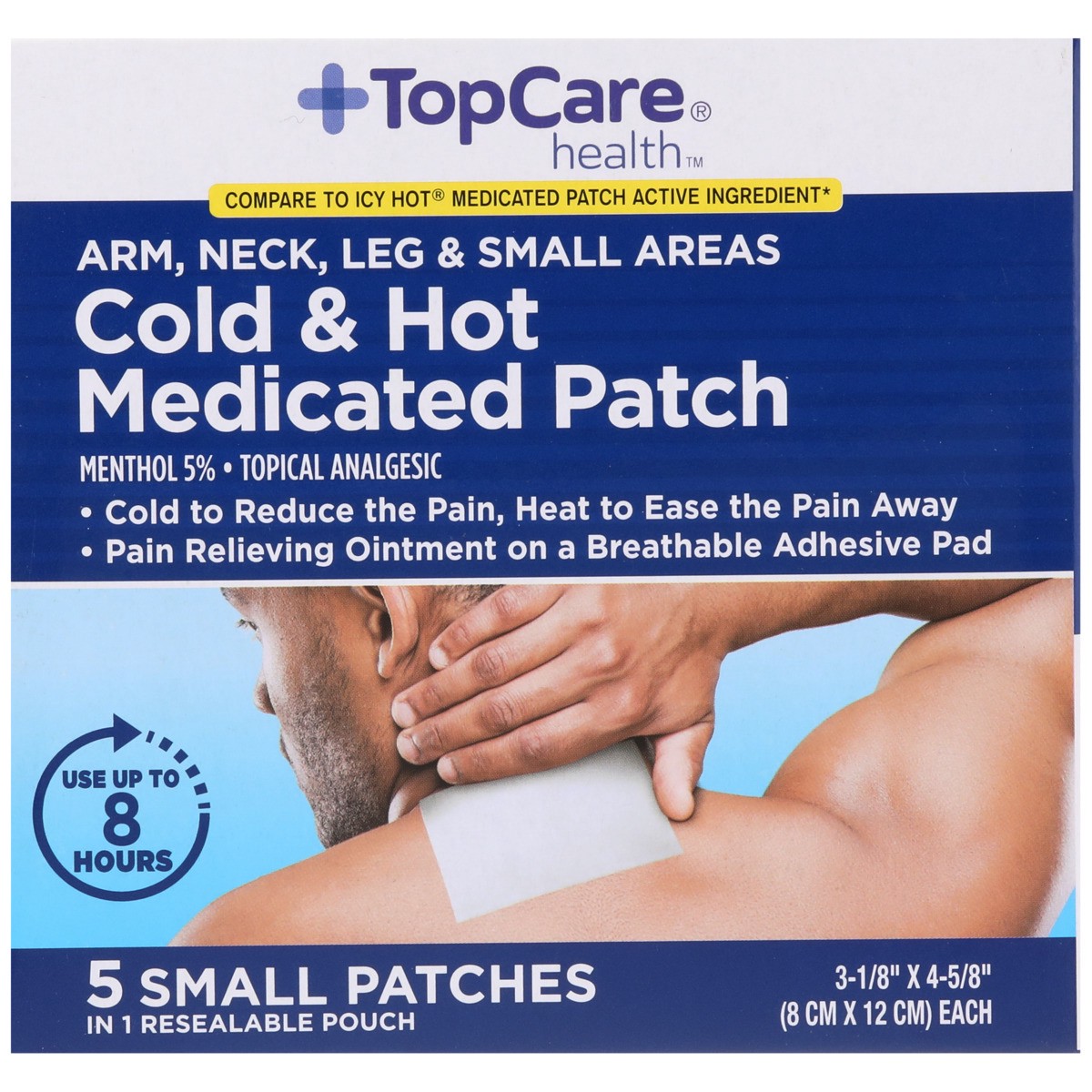 slide 7 of 8, TopCare Arm, Neck, Leg & Small Areas Cold & Hot Menthol 5% - Topical Analgesic Small Medicated Patches, 5 ct