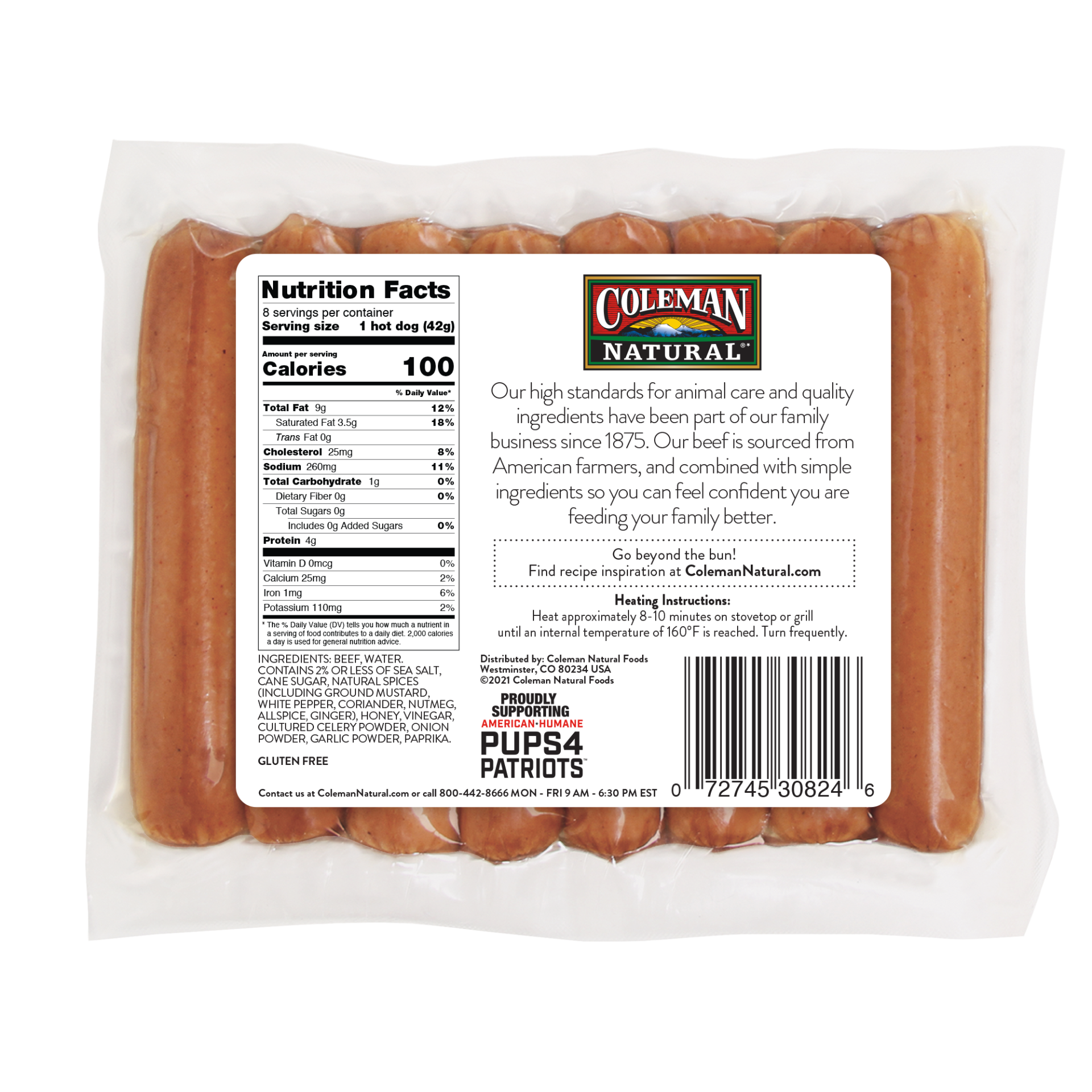 slide 2 of 2, Coleman Natural Beef Uncured Hot Dogs, 12 oz