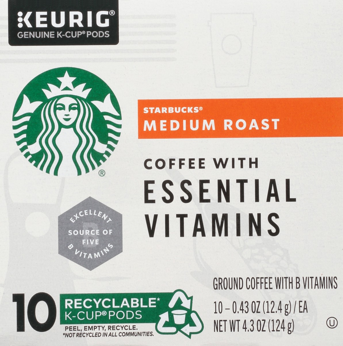 slide 7 of 9, Starbucks Medium Roast K-Cup Coffee Pods with Essential B Vitamins — for Keurig Brewers — 1 box - 4.3 oz, 4.3 oz