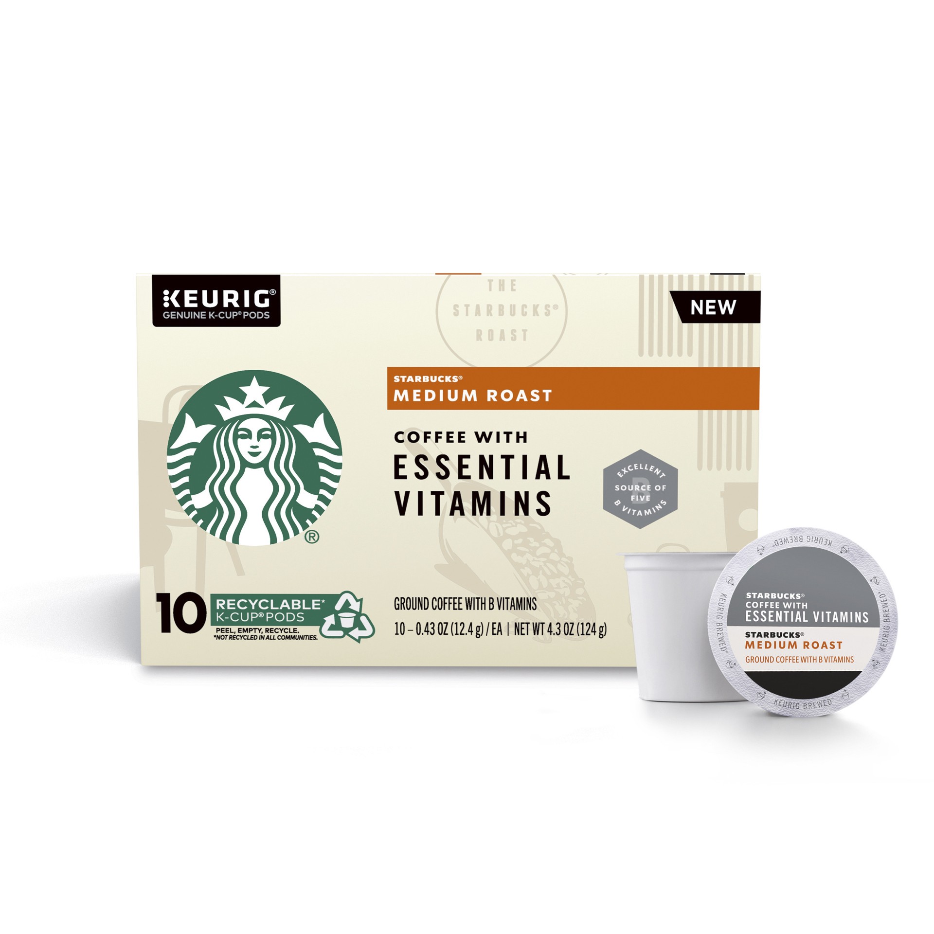 slide 1 of 9, Starbucks Medium Roast K-Cup Coffee Pods with Essential B Vitamins — for Keurig Brewers — 1 box - 4.3 oz, 4.3 oz