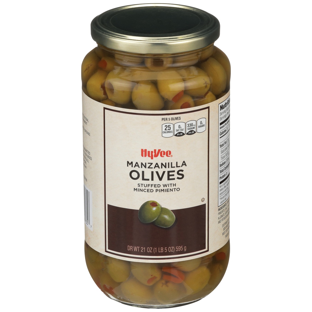 slide 1 of 1, Hy-vee Manzanilla Olives Stuffed With Minced Pimiento, 21 oz