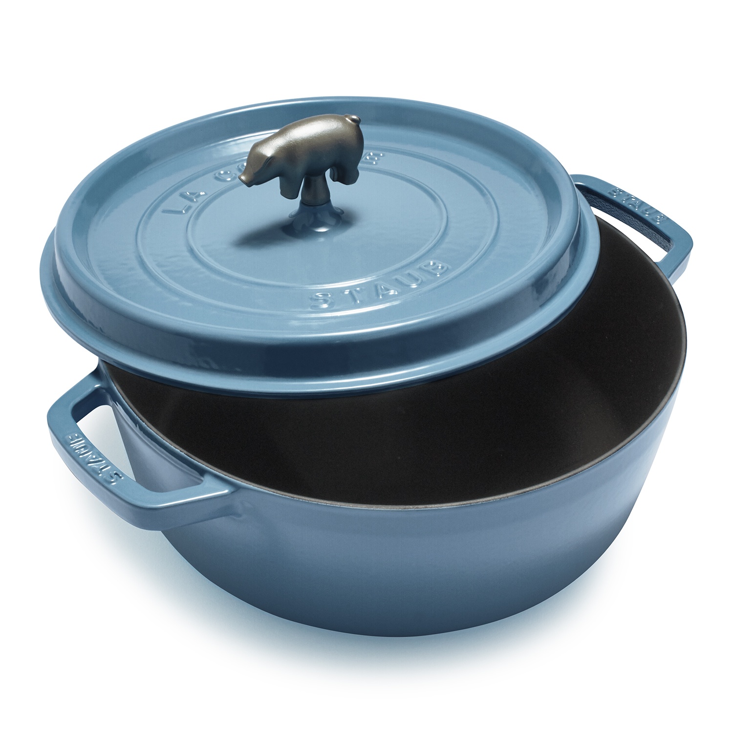 slide 1 of 1, STAUB Cast Iron Cochon Shallow Wide Round Cocotte, French Blue, 6 qt