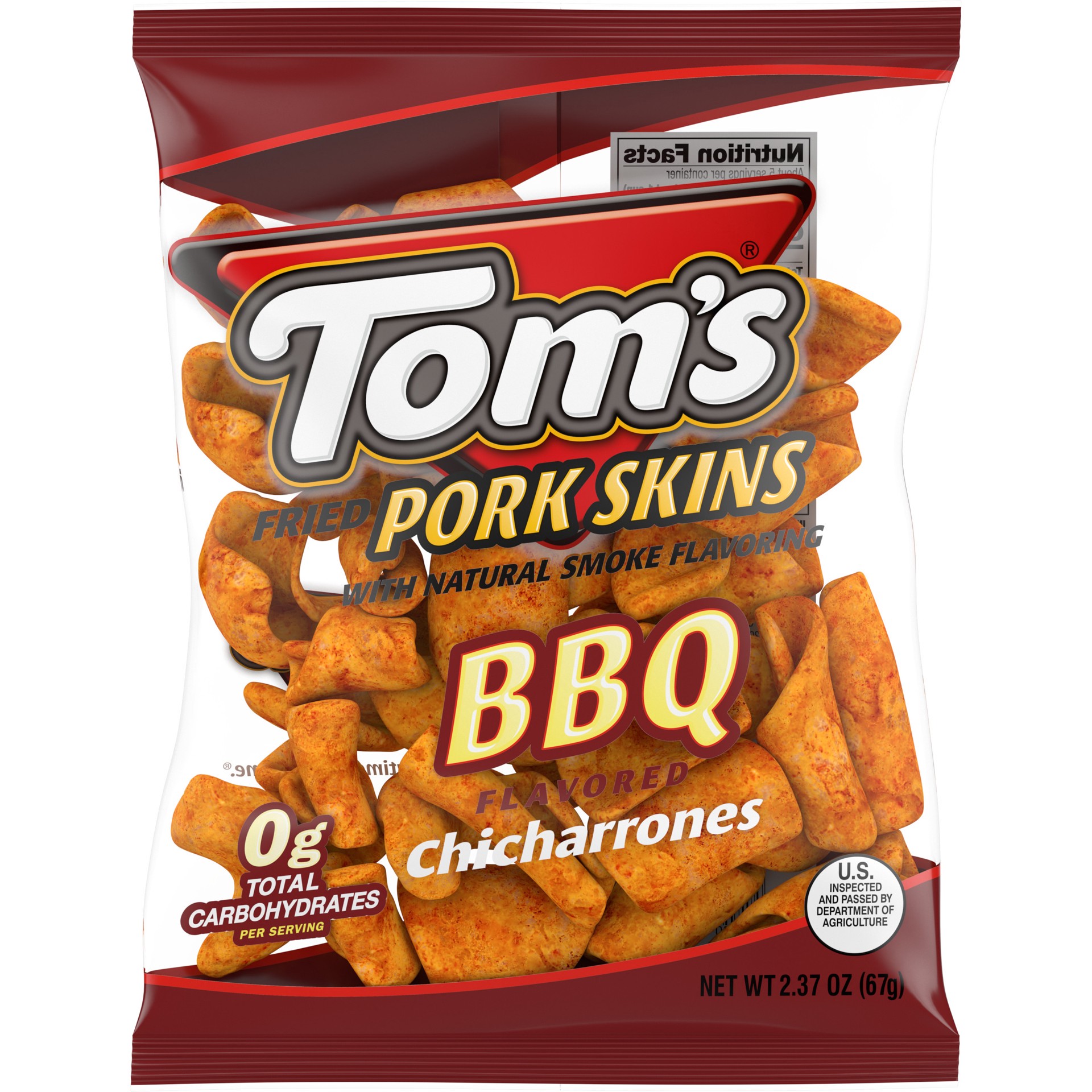 slide 1 of 5, Tom's Pork Skins, BBQ Chicharrones, 2.375 Oz, 2.37 oz