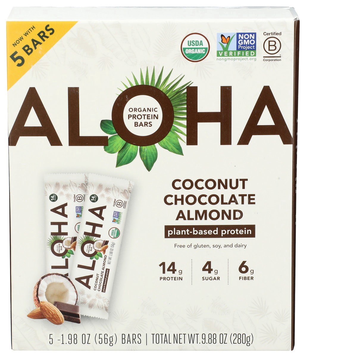 slide 1 of 5, Aloha Organic Coconut Chocolate Almond Protein Bars - 5 x 1.98 oz, 5 ct
