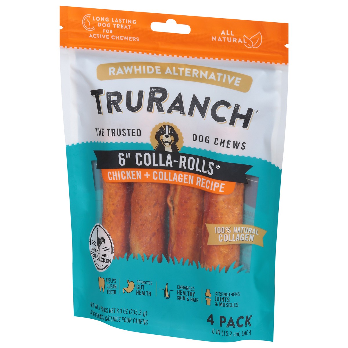 slide 4 of 9, TruRanch 6 Inch Colla-Rolls Chicken + Collagen Recipe Dog Chews 4 ea, 4 ct