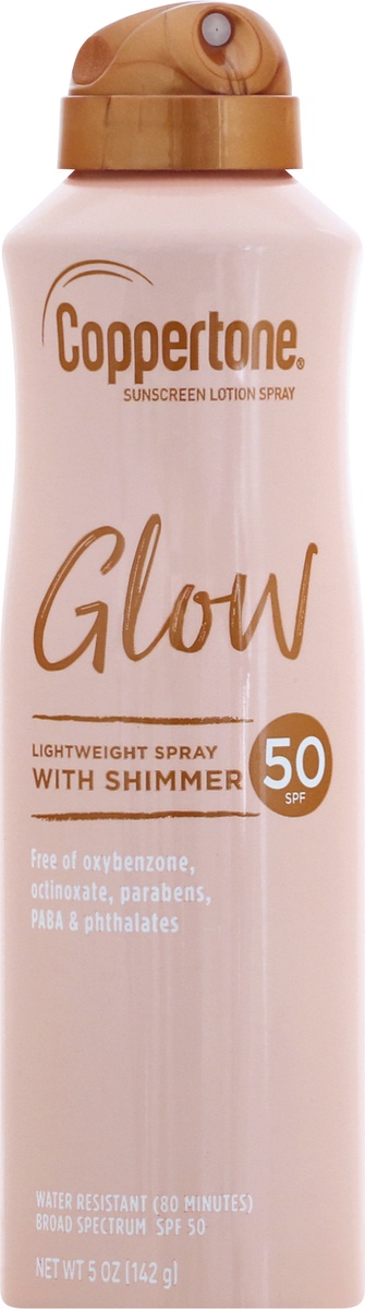 slide 8 of 9, Coppertone Glow Lightweight Sunscreen Spray with Shimmer SPF 50, 5 oz