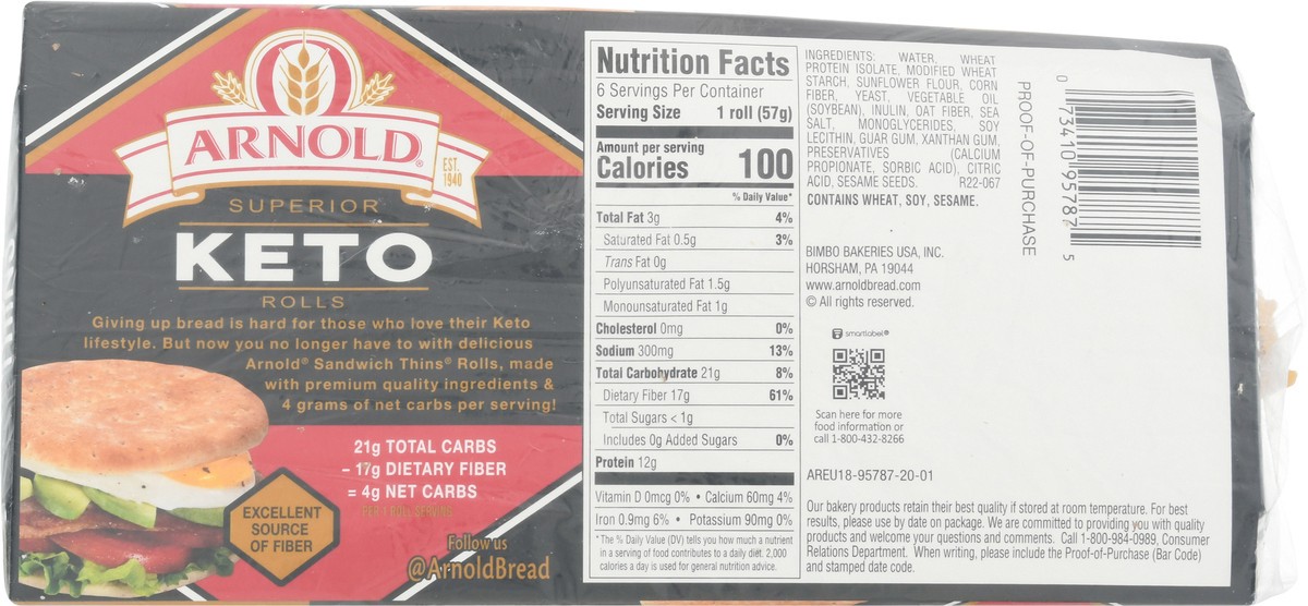 slide 5 of 9, Arnold Keto White Sandwich Thins, 6 count, 12 oz, 6 ct