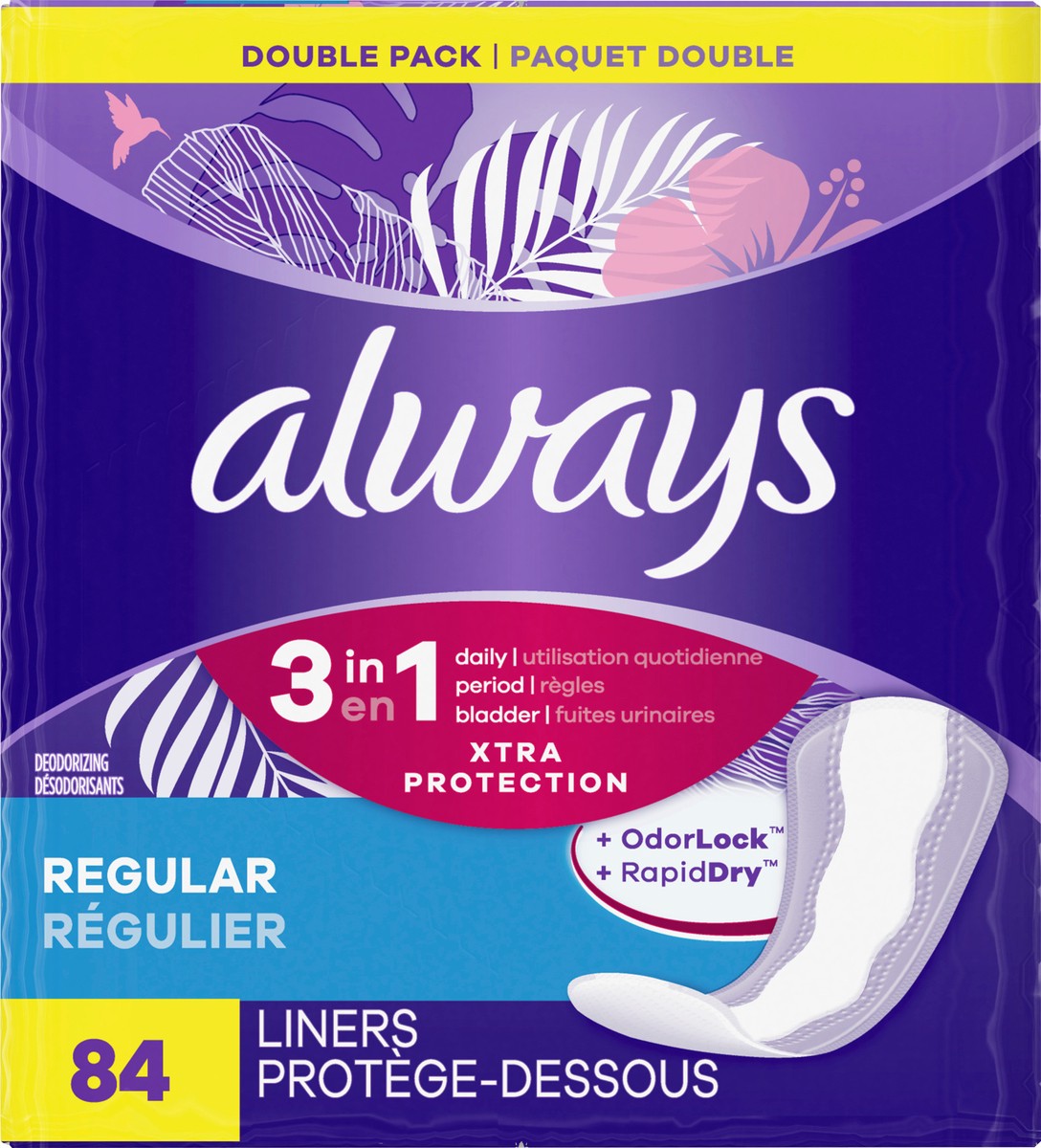 slide 2 of 6, Always 3-In-1 Xtra Protecountion Daily Liners Regular Absorbency - 84 Count, 84 ct