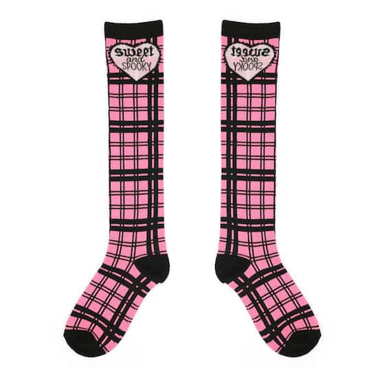 slide 1 of 4, Sweet & Spooky Pink Plaid Knee High Socks By Celebrate It, 1 ct