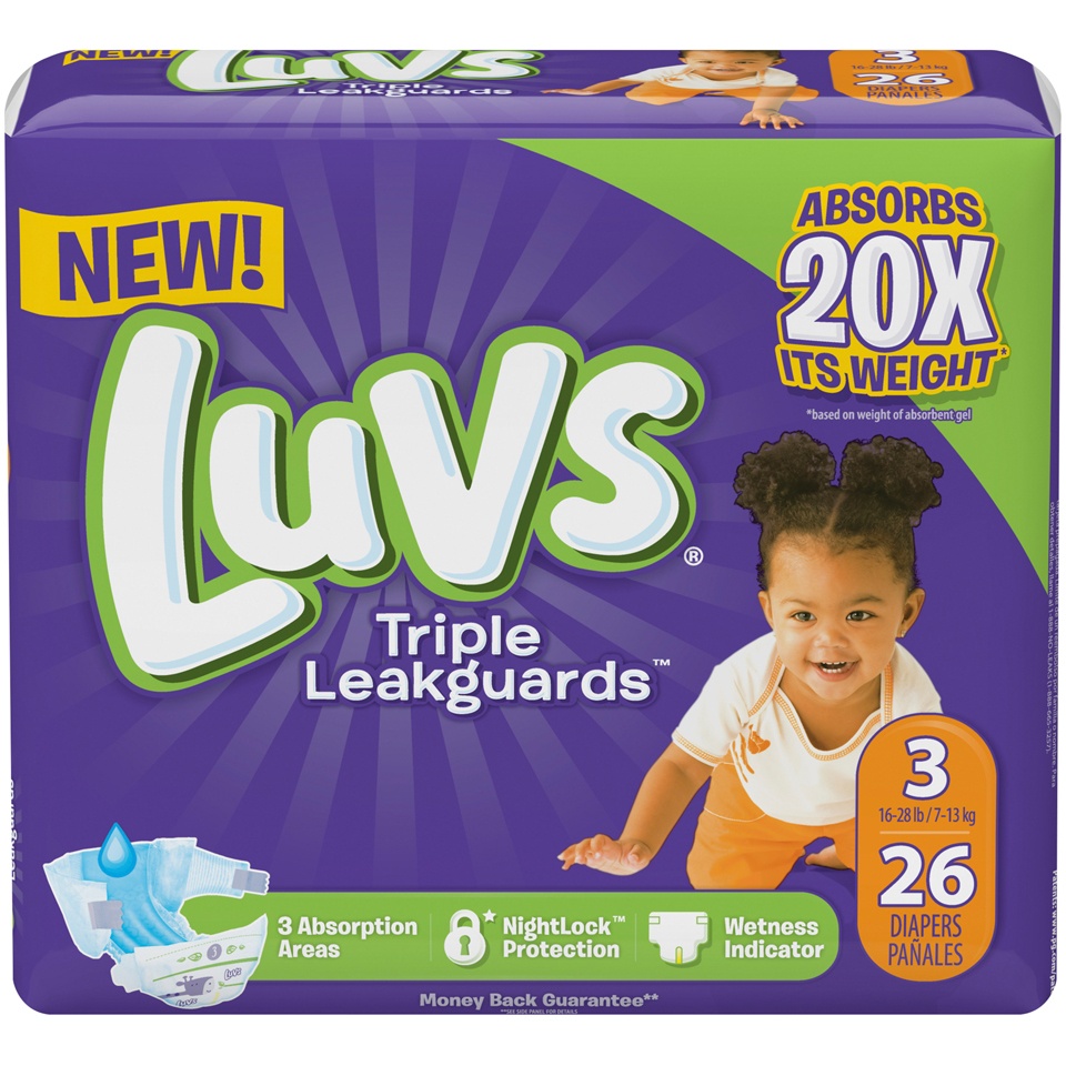 slide 1 of 4, Luvs Triple Leakguards Diapers Size 3 26 Count, Size 3