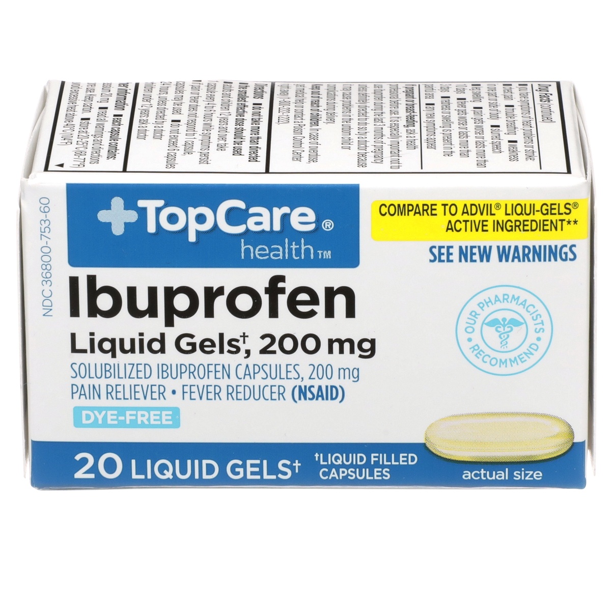 slide 1 of 1, TopCare Solubilized Ibuprofen 200 Mg Pain Reliever-fever Reducer (nsaid) Dye-free Liquid Gels, 20 ct