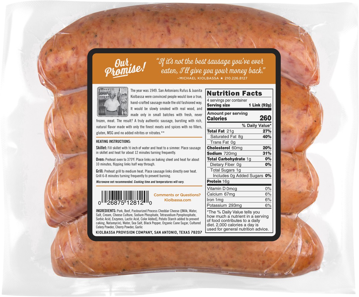 slide 3 of 7, Kiolbassa Smoked Cheddar Sausage, 13 oz