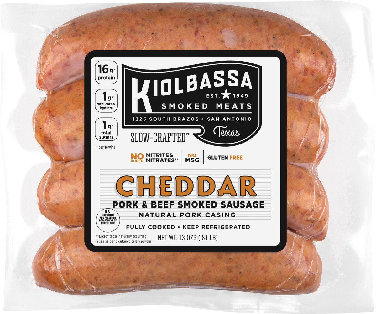 slide 2 of 7, Kiolbassa Smoked Cheddar Sausage, 13 oz