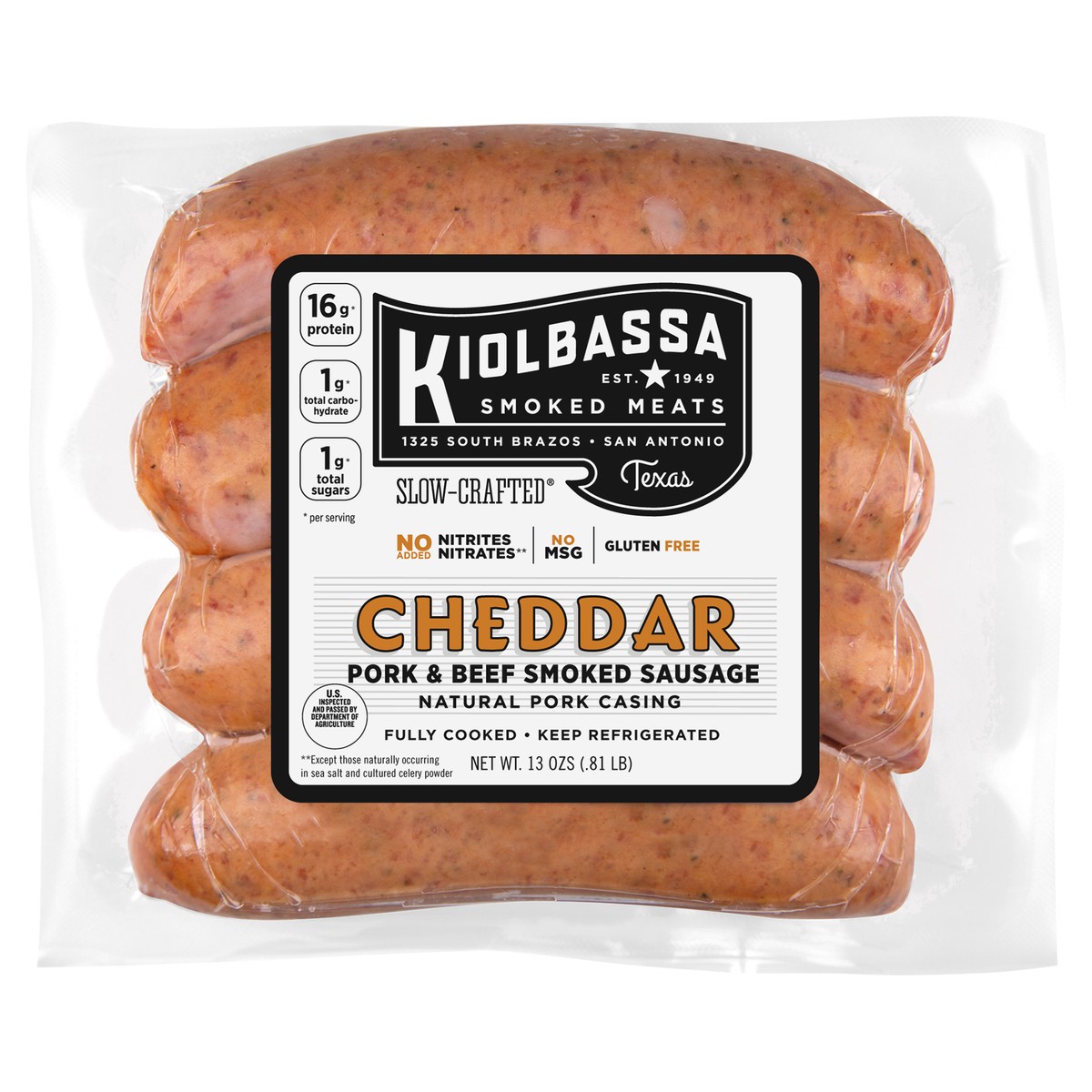 slide 1 of 7, Kiolbassa Smoked Cheddar Sausage, 13 oz