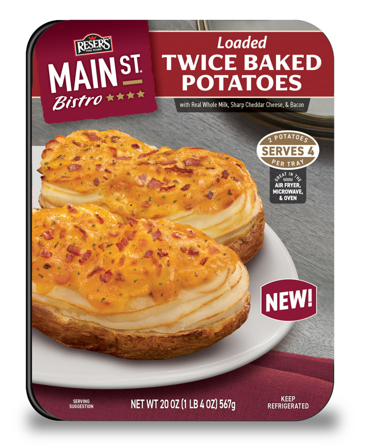 slide 1 of 2, Main St. Bistro Loaded Twice Baked Potatoes with Real Whole Milk & Sharp Cheddar Cheese & Bacon 20 oz, 20 oz