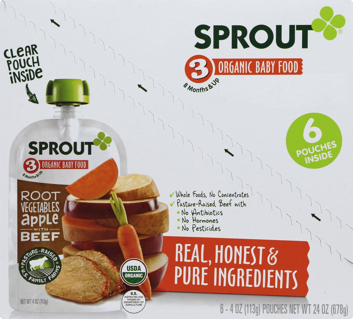 slide 3 of 6, Sprout Organics 8 Months and Up Protein Organic Root Vegetables, Apples & Beef 6 - 4 oz Pouch, 6 ct