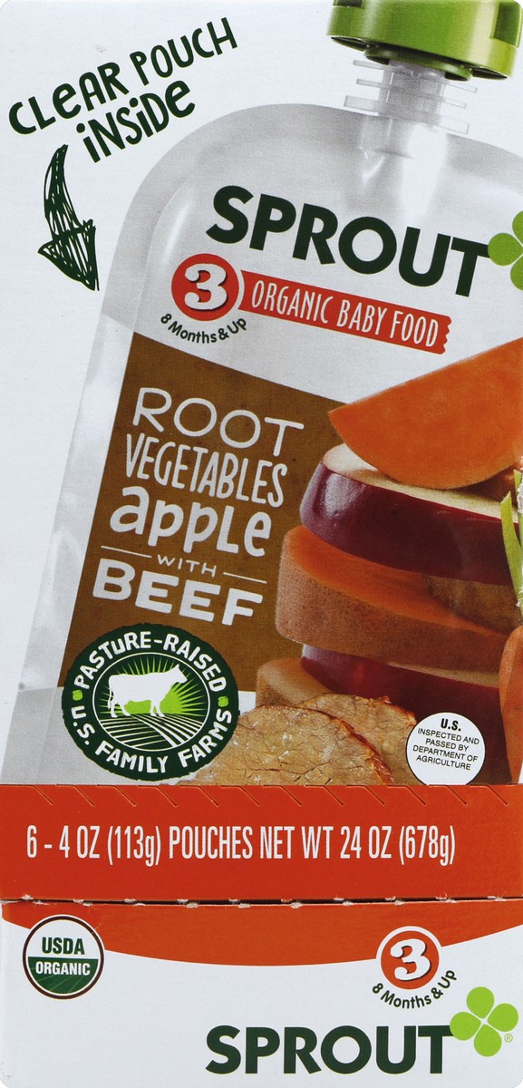 slide 6 of 6, Sprout Organics 8 Months and Up Protein Organic Root Vegetables, Apples & Beef 6 - 4 oz Pouch, 6 ct