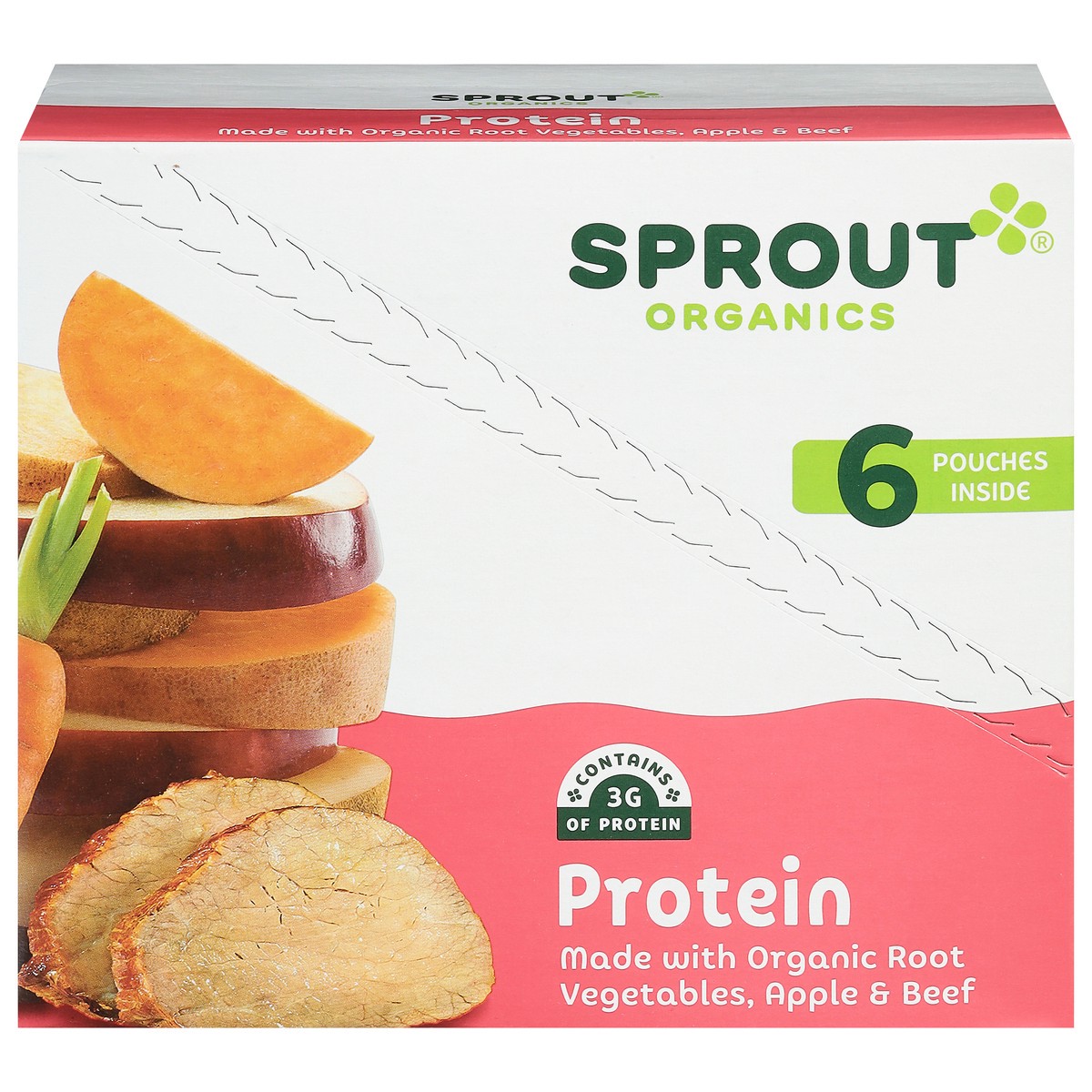 slide 1 of 6, Sprout Organics 8 Months and Up Protein Organic Root Vegetables, Apples & Beef 6 - 4 oz Pouch, 6 ct