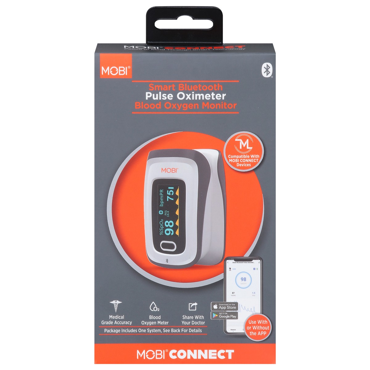 slide 1 of 12, Mobi Smart Bluetooth Blood Oxygen Monitor Pulse Oximeter 1 ea, 1 ct