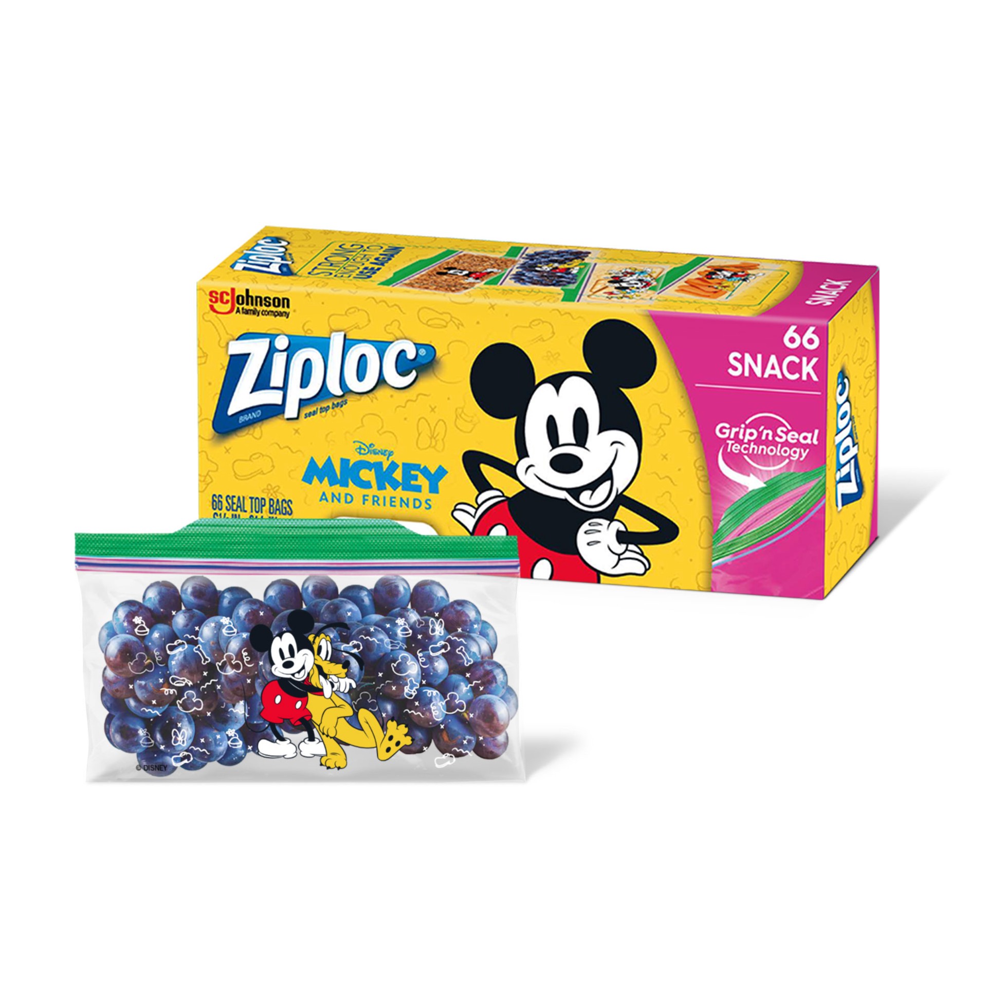 slide 2 of 3, Ziploc Brand Snack Bags Disney's Mickey & Friends Designs, 66 Count, 66 ct