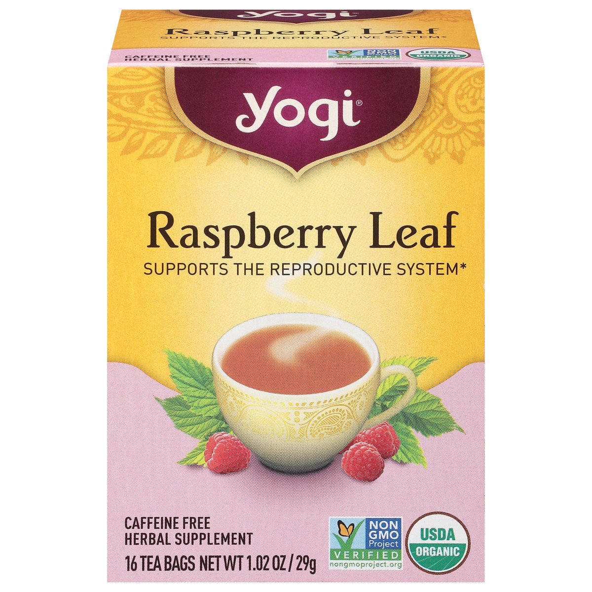 slide 1 of 9, Yogi Tea Raspberry Leaf, Caffeine-Free Organic Herbal Tea, Wellness Tea Bags, 16 Count, 16 ct