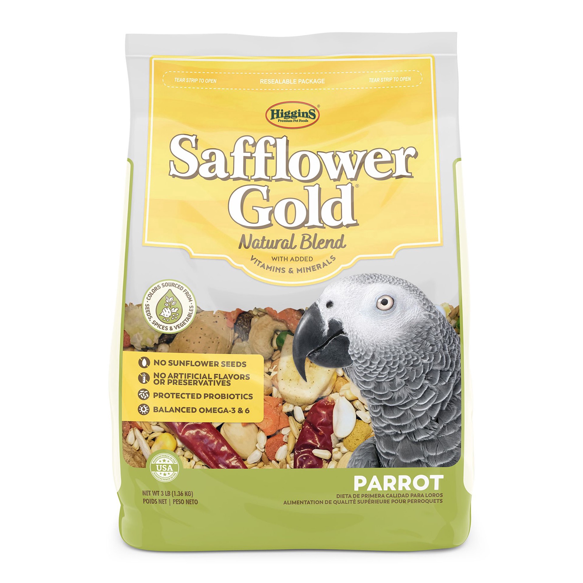 slide 1 of 1, Higgins Safflower Gold Natural Food Mix for Parrots, 3 lb