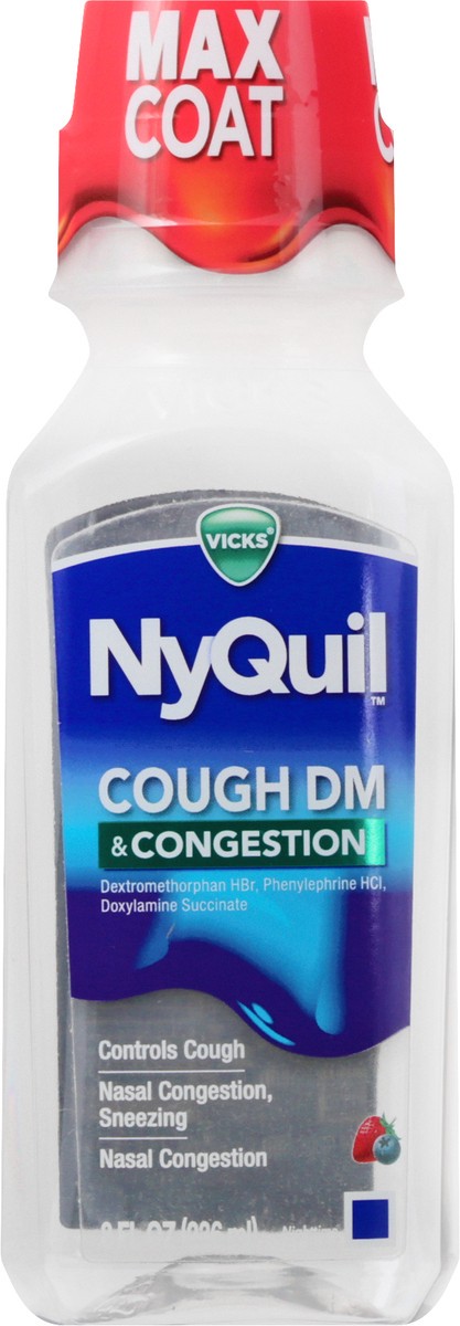 slide 3 of 6, Vicks NyQuil Cough DM and Congestion Medicine, 8 fl oz, Berry Flavor, Relieves Nighttime Cough, Nasal Congestion, Sneezing, 8 fl oz