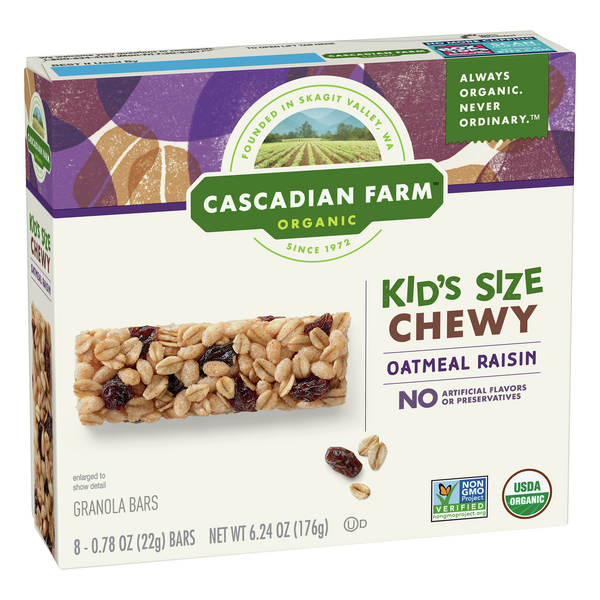 slide 1 of 1, Cascadian Farm Kid's Size Organic Chewy Oatmeal Raisin Granola Bars, 8 ct; 0.78 oz