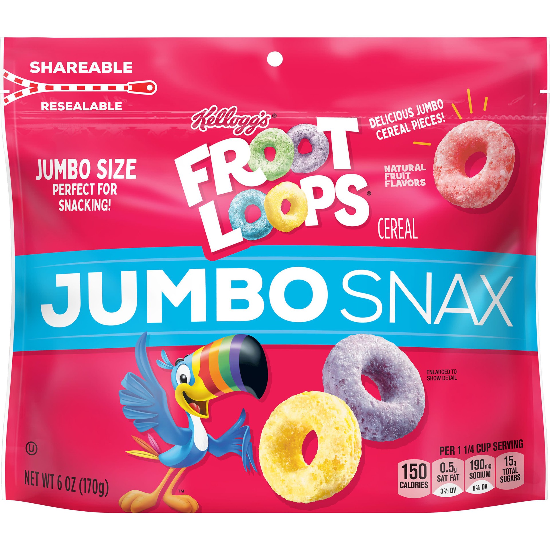 slide 2 of 5, Froot Loops Kellogg's Froot Loops Jumbo Snax Cereal Snacks, Kids Snacks, Fruit Flavored, Original, 6oz Bag, 1 Bag, 6 oz