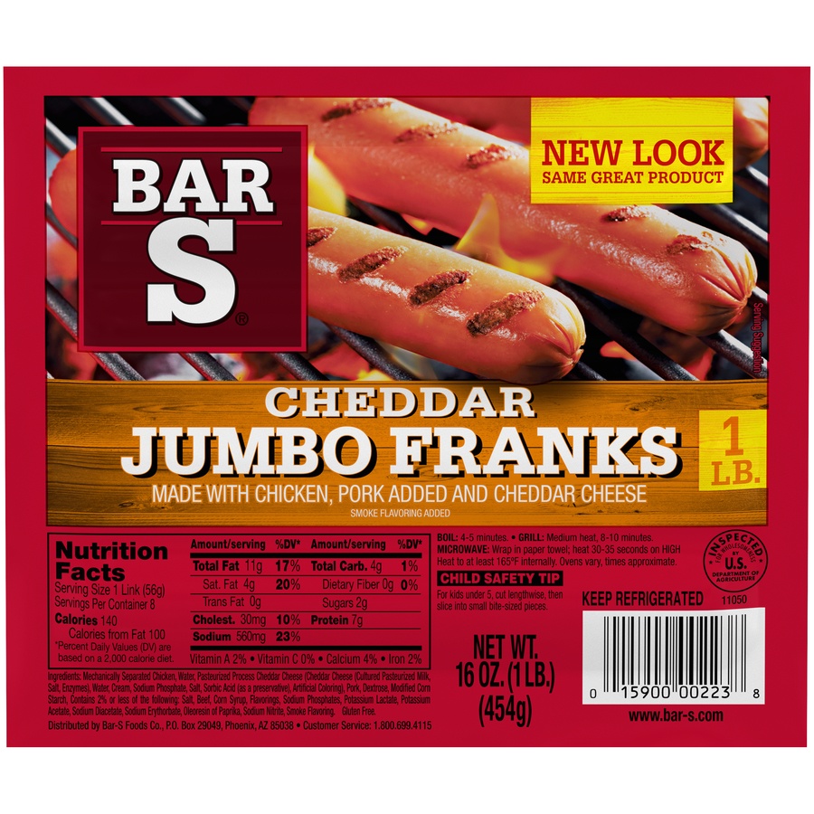 slide 1 of 8, Bar-S Cheddar Jumbo Franks, 16 oz