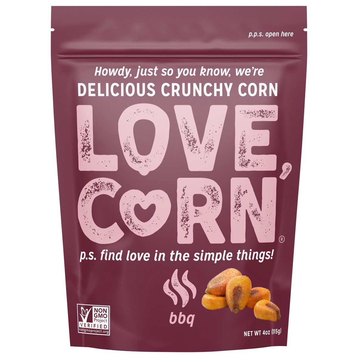 slide 1 of 9, LOVE CORN BBQ 4oz, 4 oz