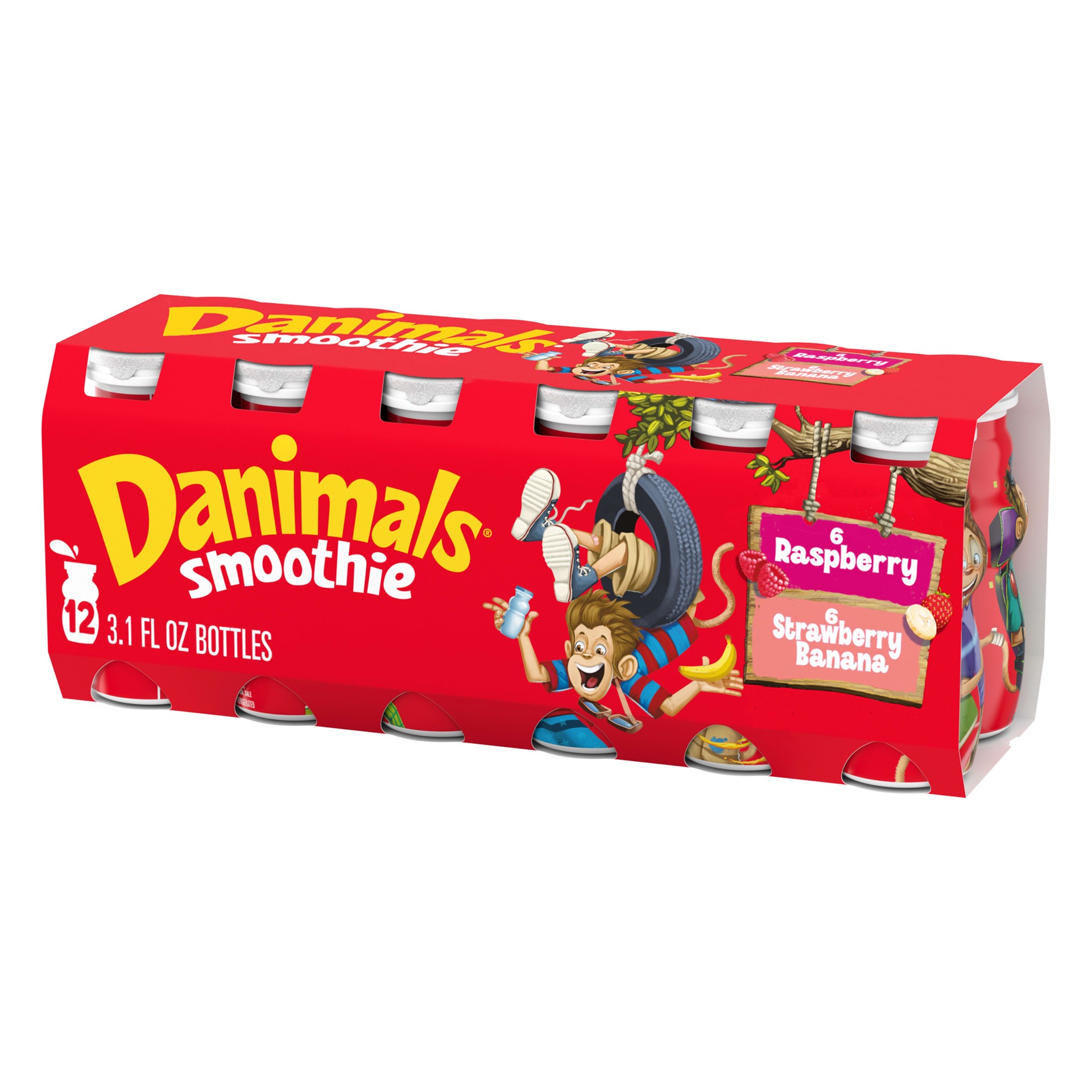 slide 1 of 49, Danimals Smoothie Strawberry Explosion and Rockin' Raspberry Dairy Drink Multi-Pack, Easy Snacks for Kids, 36 Ct, 3.1 OZ Smoothie Bottles, 3.10 fl oz