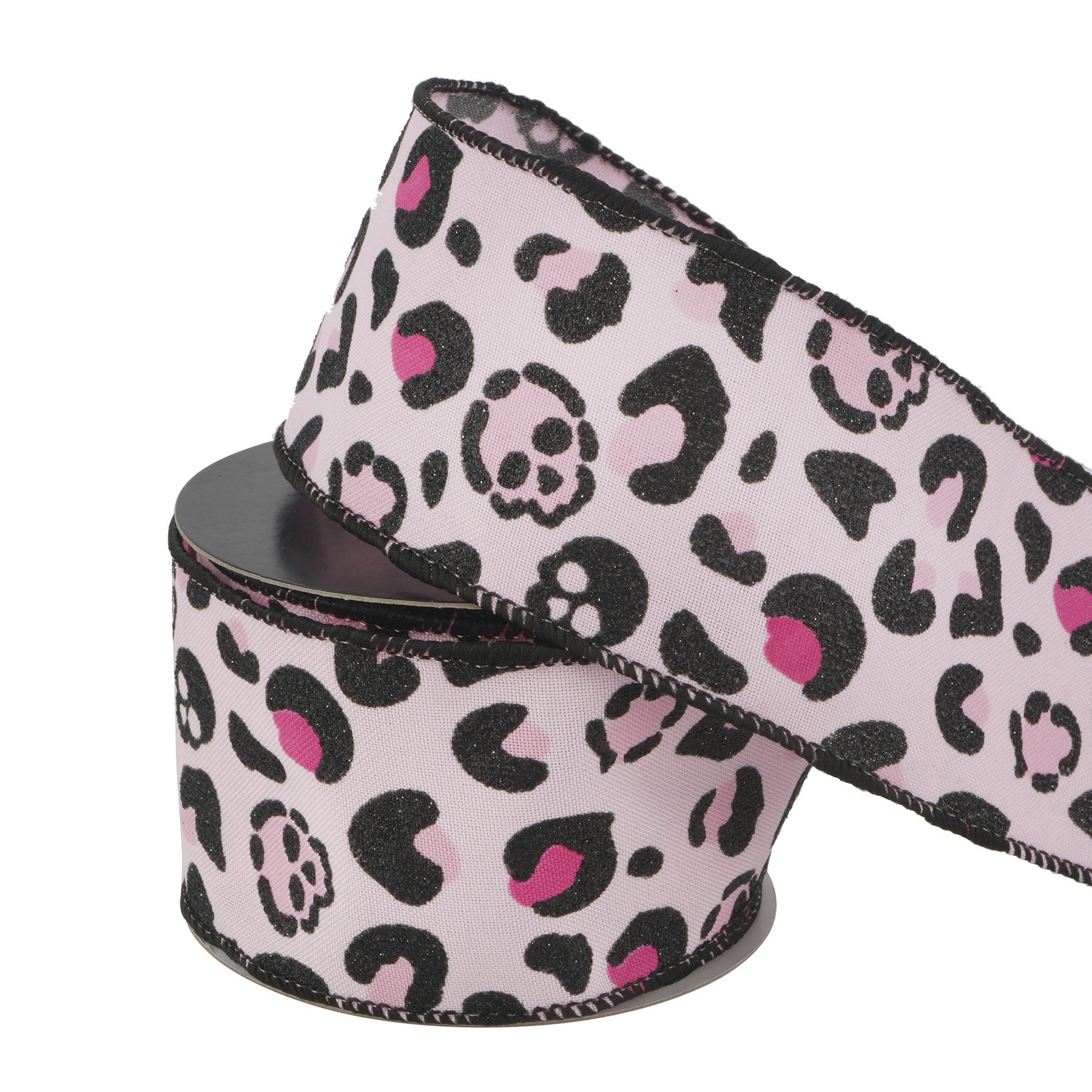 slide 3 of 3, 2.5" X 20ft. Pink Skull Leopard Wired Ribbon By Celebrate It Halloween, 2.5 in x 6.6 yd