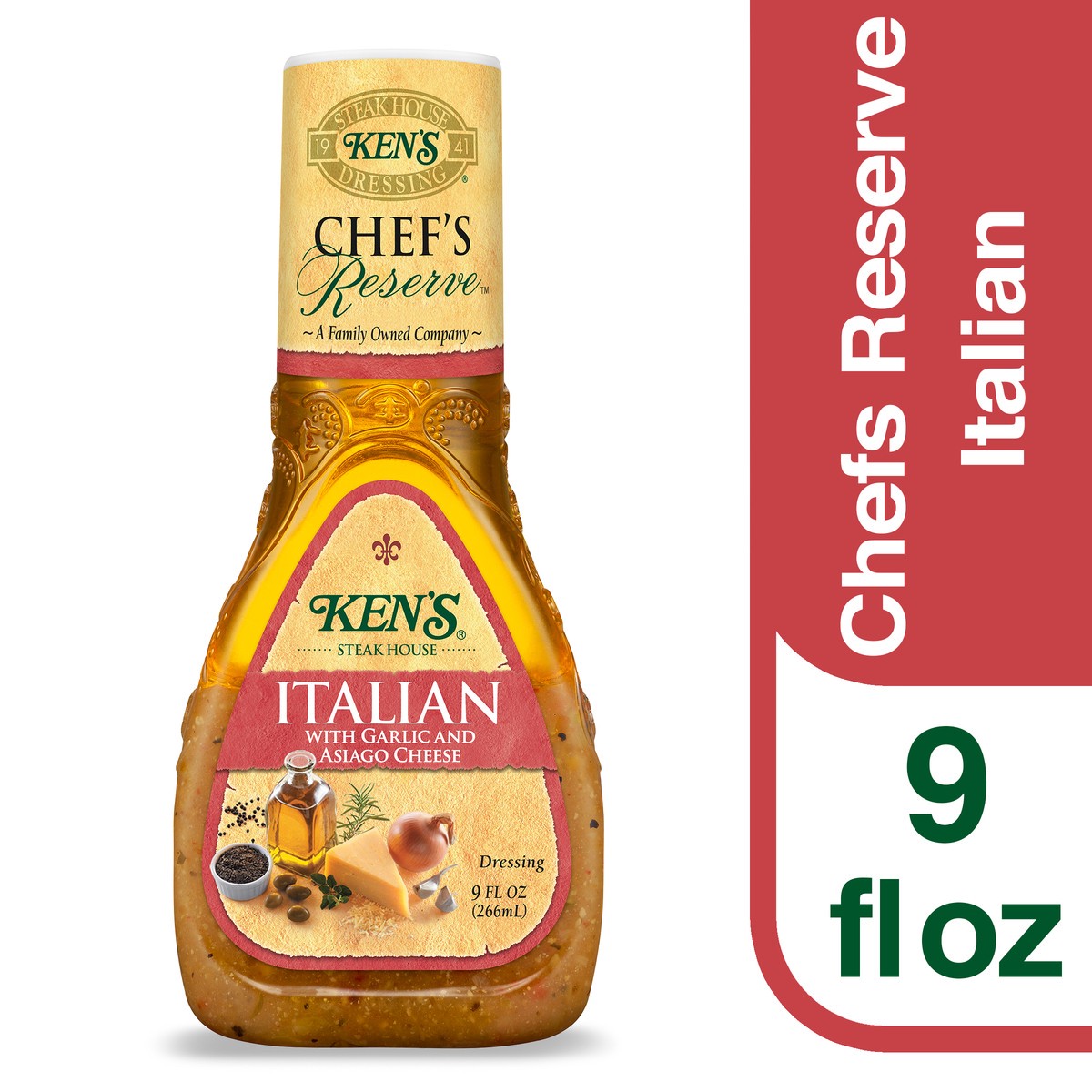 slide 1 of 12, Ken's Steak House Chef's Reserve Italian With Garlic And Asiago Cheese Salad Dressing 9 fl oz, 9 fl oz