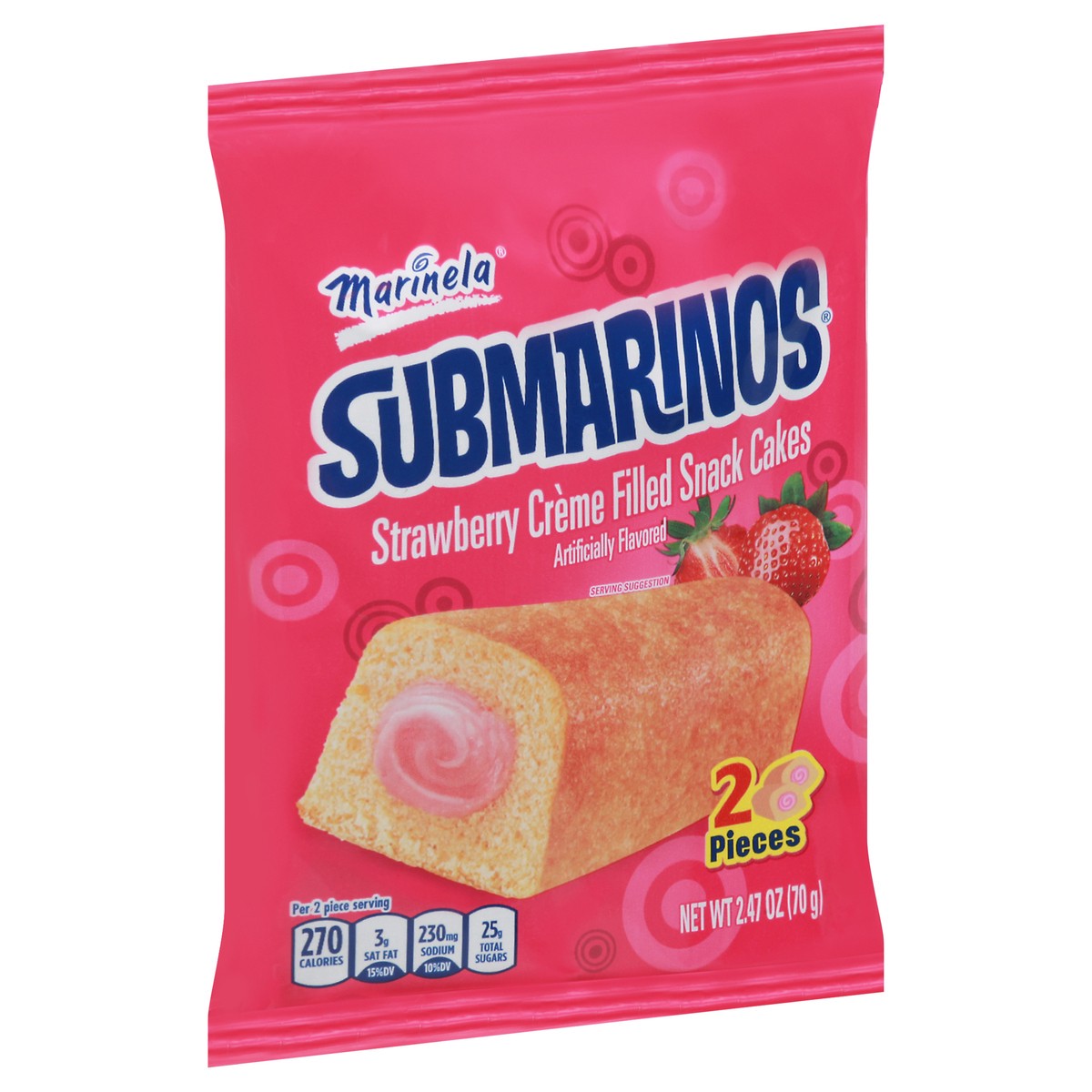 slide 9 of 9, Marinela Submarinos Strawberry Crème Filled Snack Cakes, 2 count, Soft Snack Cakes, 2.47 oz Bag, 2 ct