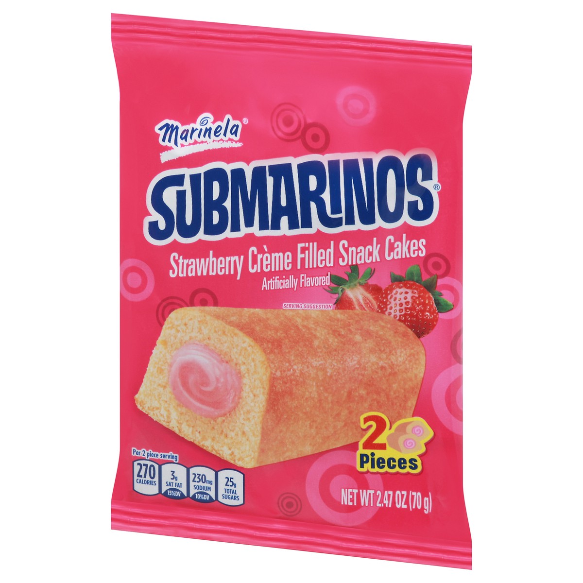 slide 7 of 9, Marinela Submarinos Strawberry Crème Filled Snack Cakes, 2 count, Soft Snack Cakes, 2.47 oz Bag, 2 ct