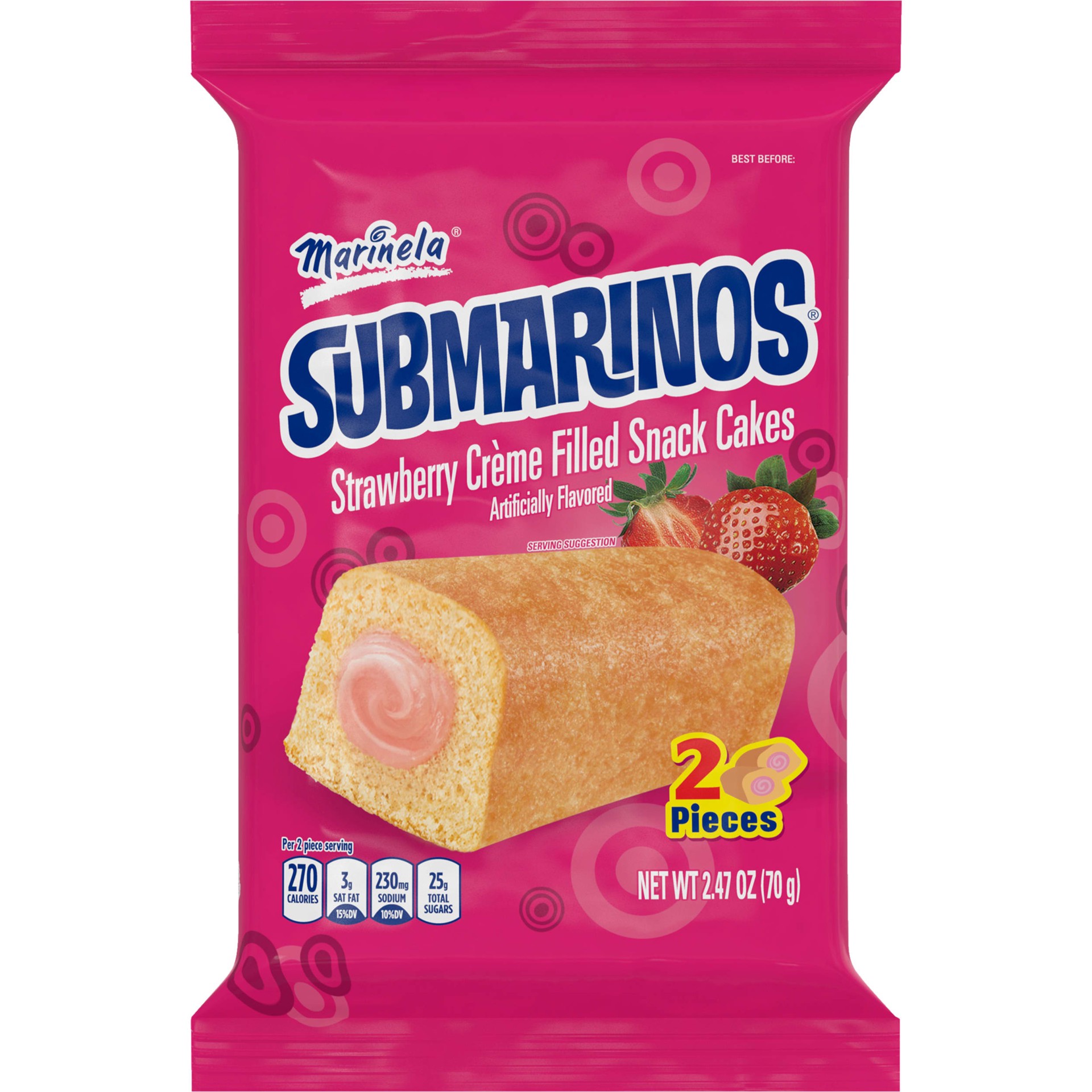 slide 1 of 9, Marinela Submarinos Strawberry Crème Filled Snack Cakes, 2 count, Snack Cakes, 2.47 oz Bag, 2 ct