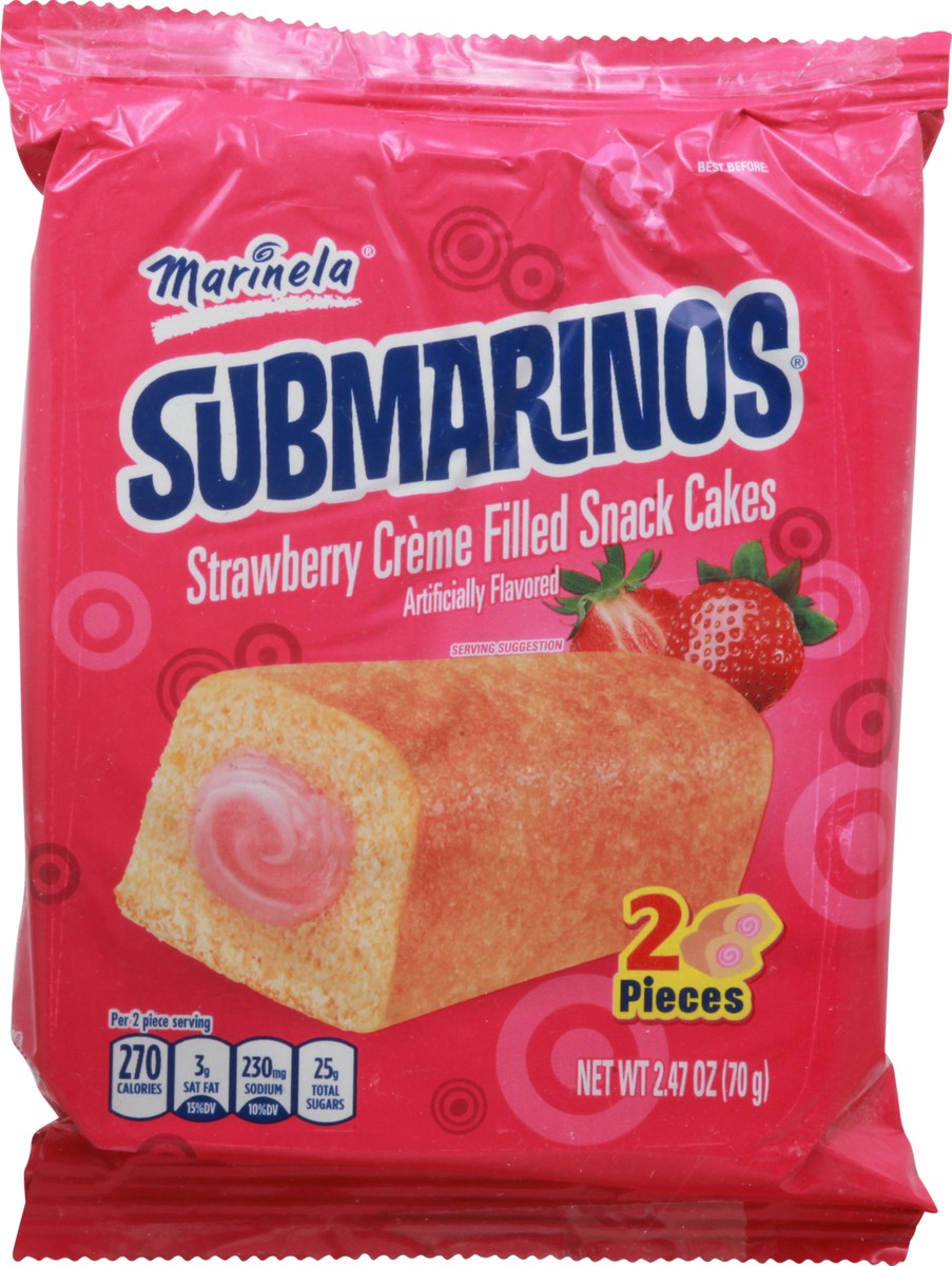 slide 2 of 9, Marinela Submarinos Strawberry Crème Filled Snack Cakes, 2 count, Soft Snack Cakes, 2.47 oz Bag, 2 ct